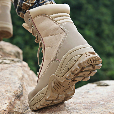 Round Toe Slip Resistant Leather Combat Footwear Gear With Shock Absorbent Rubber Sole