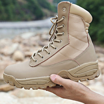 Round Toe Slip Resistant Leather Combat Footwear Gear With Shock Absorbent Rubber Sole