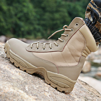 Round Toe Slip Resistant Leather Combat Footwear Gear With Shock Absorbent Rubber Sole