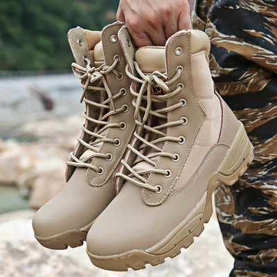 Round Toe Slip Resistant Leather Combat Footwear Gear With Shock Absorbent Rubber Sole